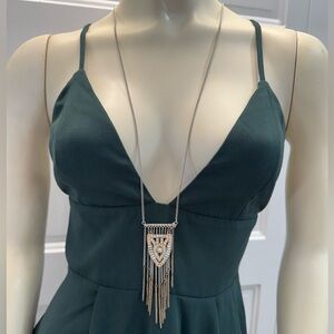 Buckle Art Deco Fringe Pendant Necklace Gold Silver Tone Geometric Statement